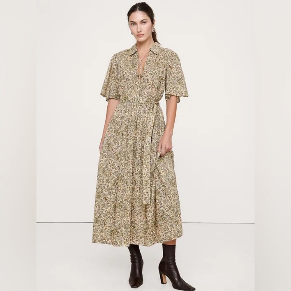 NWT! Banana Republic Beige Floral Paisley Cotton Tie-Front Shirt Dress 🪈